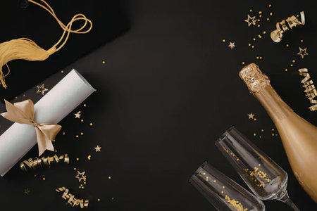 A graduation cap with a rolled up diploma and gold confetti, alongside a bottle of champagne and two glasses on a black background.