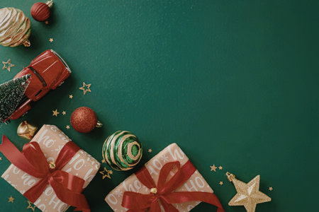 christmas presents with red ribbons and various decorations on green background