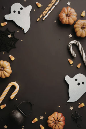 A flat lay of Halloween-themed items including ghosts, pumpkins, candy canes, and other decorations on a black background.