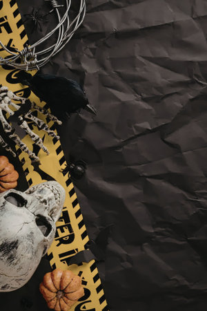 A Halloween themed image featuring a skull, pumpkins, and a barbed wire crown on a black background with a yellow caution tape.
