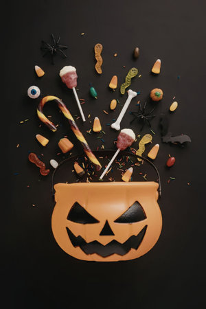 A jack-o-lantern bucket filled with Halloween candy and treats, including lollipops, candy corn, and gummies, spilling out onto a black background.