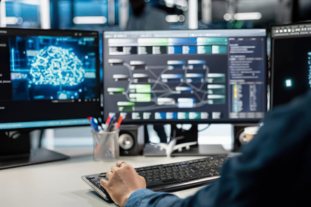Close-up of a professional analyzing complex network diagrams and code on multiple monitors in a tech workspace.