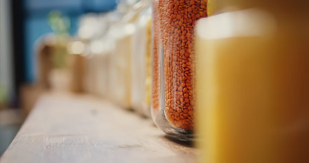 Red seeds in glass jar on wooden shelf