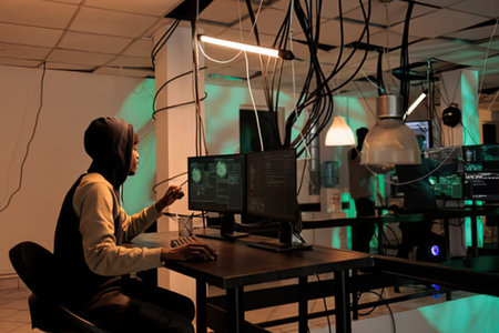 A focused individual using three computer screens in a dimly lit workspace with ambient lighting and a creative, tech-inspired environment.