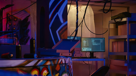 A workspace setup featuring a computer monitor displaying code, placed on a desk with cables and a retro-futuristic background in a dimly lit room.