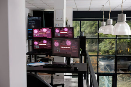 Computer monitors in a room with a view of the interior of a modern office