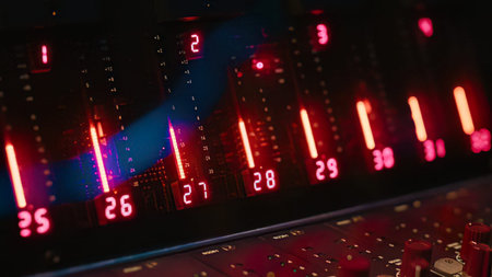 Close up shot of a sound recording studio's equalizer with red and blue lights