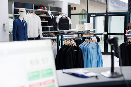 fashion store interior with clothes on hangers and mannequins