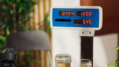 Electronic kitchen scale with the numbers of weight and calories on it