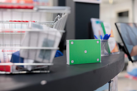 Close-up of shopping cart in supermarket. Blurred background.