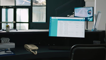 Clean and professional office desk setup featuring a primary monitor with a data spreadsheet and a secondary screen with icons, surrounded by office essentials.
