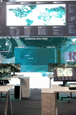 High-tech command center showing integrated data feeds on multiple screens and workstations.