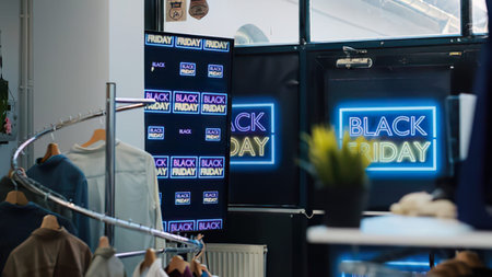 Bright electronic Black Friday sale signs displayed inside a busy retail store during promotions.