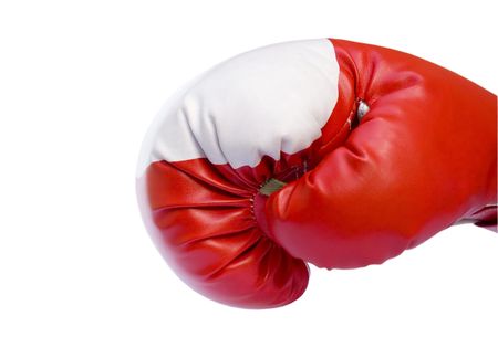 Red boxing glove ready to punch isolated over whiteの写真素材
