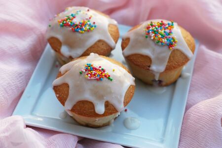Birthday Party cupcakes with icing and hundreds and thousands on pink cloth