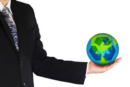 business man carrying earth with recycle logoの写真素材