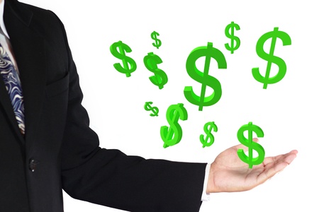 Business man showing many green dollar signの写真素材