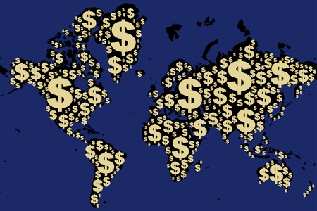 World map made with dollar sign in blue backgroundの写真素材