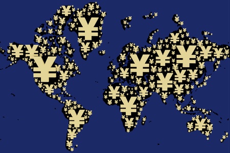 World map made with yen sign in blue backgroundの写真素材