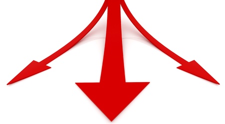 3d red arrows point to different directionの写真素材
