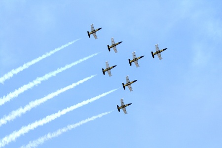 BANGKOK,THAILAND - MARCH 23: Breitling Jet Team Perform at Breitling Jet Team Thailand tour on March 3,2013 in Bangkok, Thailand. The event was to celebrate Royal Thai Air Force Day.のeditorial素材