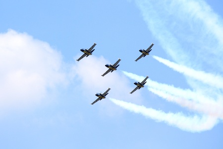 BANGKOK,THAILAND - MARCH 23: Breitling Jet Team Perform at Breitling Jet Team Thailand tour on March 3,2013 in Bangkok, Thailand. The event was to celebrate Royal Thai Air Force Day.のeditorial素材