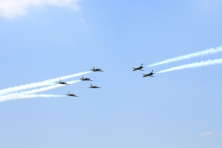 BANGKOK,THAILAND - MARCH 23: Breitling Jet Team Perform at Breitling Jet Team Thailand tour on March 3,2013 in Bangkok, Thailand. The event was to celebrate Royal Thai Air Force Day.のeditorial素材
