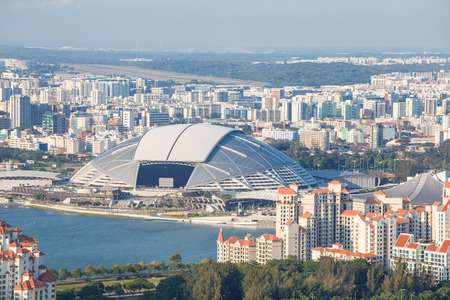 SINGAPORE - FEBRUARY 27, 2015: Aerial view of Singapore National Stadium. Singapore National Stadium is a 55,000 seats multi-purpose arena which has a retractable roof.のeditorial素材