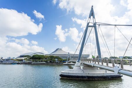 KALLANG, SINGAPORE - FEBRUARY 28, 2015: Day scene of Singapore indoor stadium and Tanjong Rhu bridge on 28 february 2015.のeditorial素材