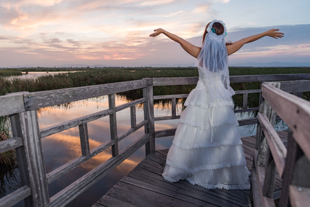 bride with sunset sceneの写真素材