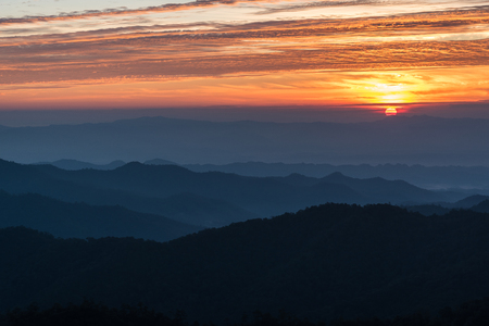 Sunset scene with silhouette mountain at Doi Langka Noi, Chiang Mai Province, Thailandの写真素材