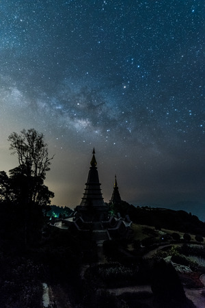 milky way over Phramahathat Napamathanidol and Phramahathat Napaphol Bhumisiri Pagoda at Doi Inthanon National Park, Chiangmai, Thailand.の写真素材