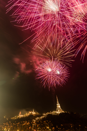 Beautiful firework over Phra Nakhon Khiri hilltop Palace or Khaowang with decorative lighting at Phetchaburi, Thailandの写真素材