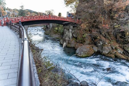 Day scene of Shinkyo bridge over Daiwa river at Nikko, Tochigi Prefecture, Japanの写真素材