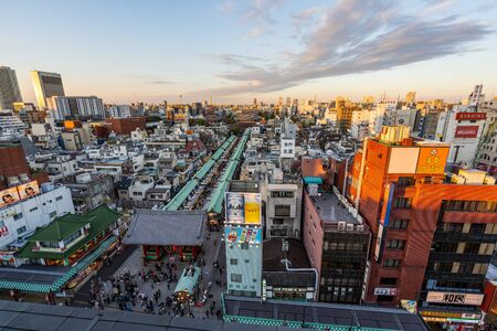 TOKYO, JAPAN - NOVEMBER 14, 2018: Aerial view of Sensoji temple and Nakamise shopping street in the evening at Asakusa ,Tokyo prefecture, Japanのeditorial素材