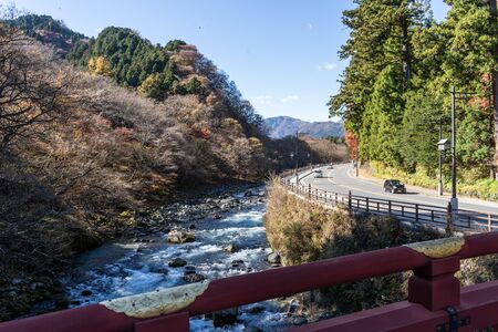TOCHIGI, JAPAN - NOVEMBER 15, 2018: Day scene of Shinkyo bridge over Daiwa river at Nikko, Tochigi Prefecture, Japanのeditorial素材