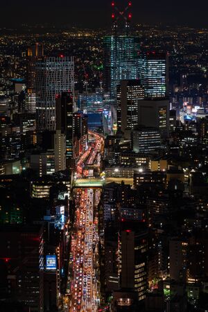 TOKYO, JAPAN - NOVEMBER 16, 2018: Aerial view of night scene of Tokyo, Japan.のeditorial素材