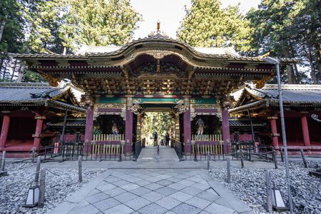 TOCHIGI, JAPAN - NOVEMBER 15, 2018: Day scene of Beautiful wood carving gate of Taiyuin temple at Nikko, Tochigi Prefecture, Japanのeditorial素材