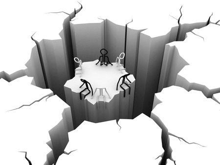 3d circular hole in the ground. People on the islandの写真素材