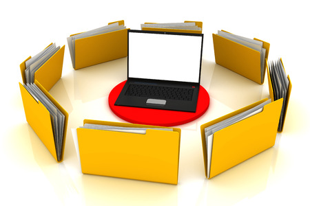 Computer connected to data folders. 3d image renderer
