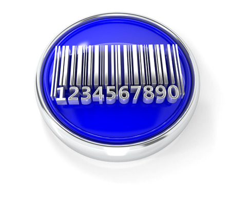 Bar code icon on glossy blue round button. 3d image rendererの写真素材