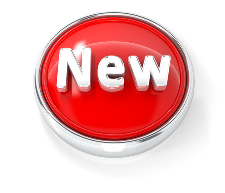 New icon on glossy red round button. 3d image rendererの写真素材