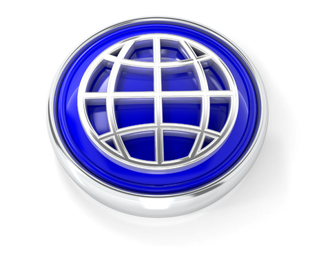 Globe icon on glossy blue round button. 3d image rendererの写真素材
