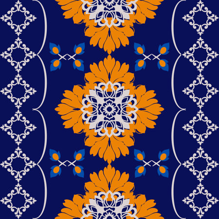Seamless damask pattern with mandalas in Indian style. Design for ceramic pottery, tiles, sarees, and fabric clothing. Elaborated ends for fabric.のイラスト素材