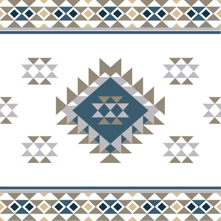 Blue and brown on white background, Aztec-style seamless pattern. Tribal vector texture. Navajo, Aztec background. Design for elaborate borders, rugs, curtains, and textiles.のイラスト素材