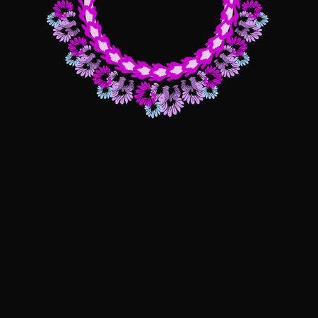 Floral wreath on black background. Vector illustration for your design. Ikat embroidery necklace design for shirts and tops.のイラスト素材