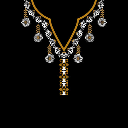 Gold and white floral oriental pattern on a black background. Vector element for design shirt pattern, lace, collar, bead decoration.のイラスト素材