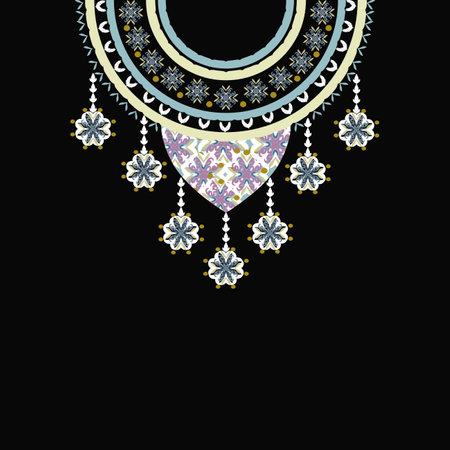 Damask floral vector ethnic neck embroidery vintage blue and yellow colors geometric pattern style....