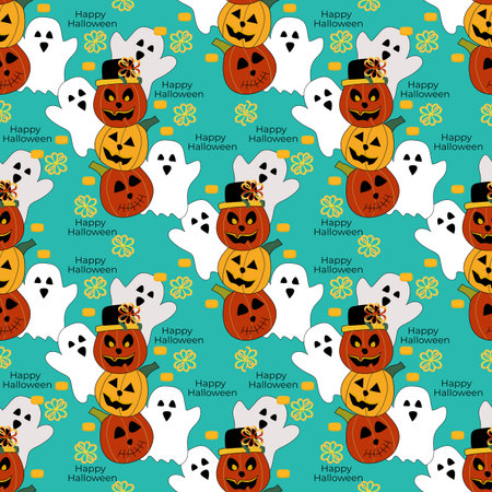 Happy Halloween wallpaper or banner. Ideas for party invitation backgrounds with ghosts and pumpkins, cards, wrapping, and textiles in cut style. Vector illustration pattern.のイラスト素材