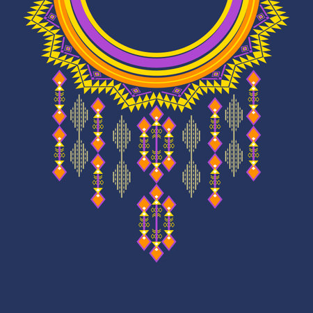 Purple and yellow ethnic boho ornament neckline design pattern. Boho shirt style. Vector illustration. Vector necklace pattern. Shirt or blouse design border. Collar design.のイラスト素材